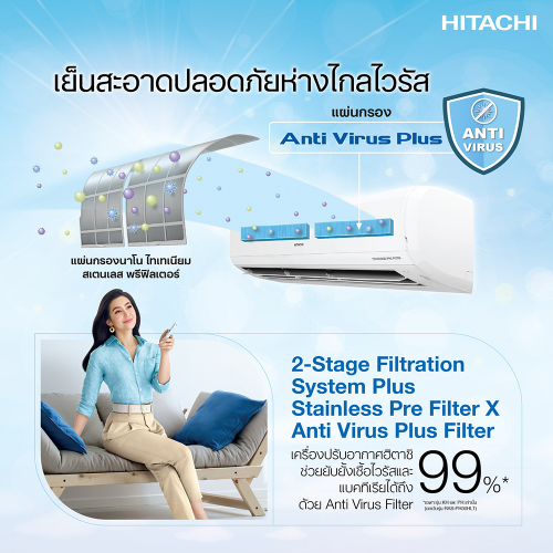 HITACHI แอร์ผนัง ระบบฟอกอากาศ อินเวอร์เตอร์ ยับยั้งเชื้อไวรัส โควิด19 SAR COV2 ได้ถึง84% 12000BTU รุ่น RAS-PH13CNT **คอยล์ทองแดง ส่งฟรีทั่วไทย